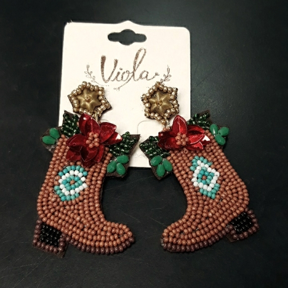 Christmas Seed Bead Western Style Boot Earrings - Picture 1 of 5